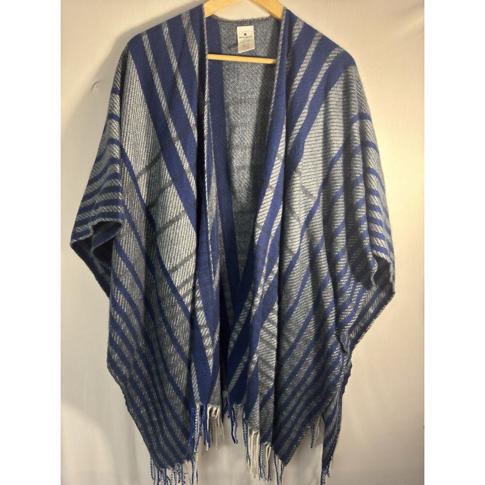 Woolrich Blue Gray Plaid Fringe Poncho Shawl One Size Open Front